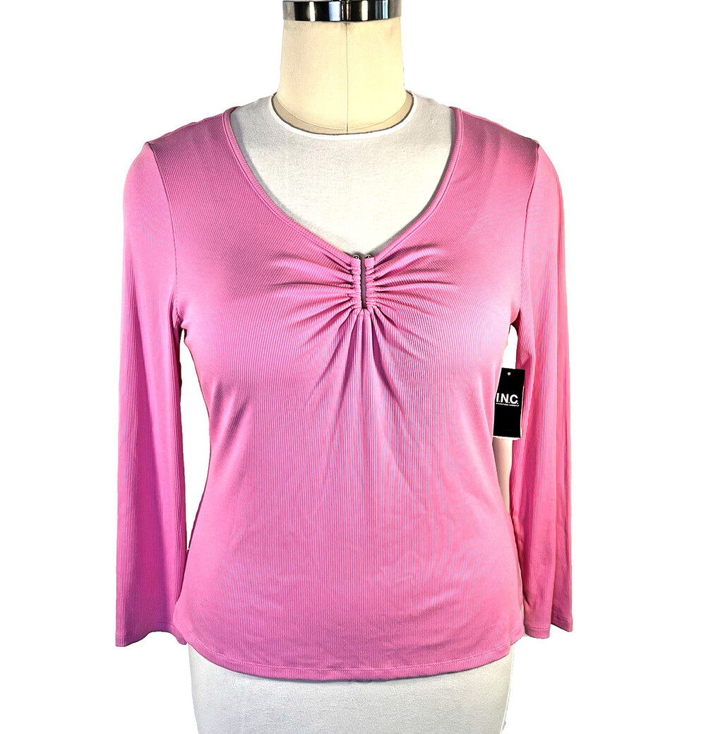 INC Blouse Women's XXL Pink Ribbed Long Sleeve Gold Horseshoe Accent V-Neck